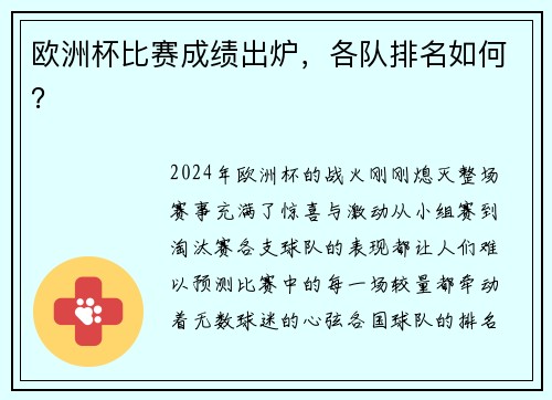 欧洲杯比赛成绩出炉，各队排名如何？